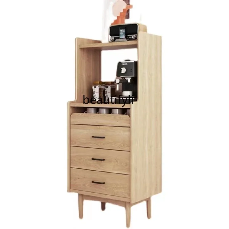 

S Nordic Narrow Solid Wood Sideboard Small Apartment Ultra-Thin Integrated High Cabinet Microwave Coffee Floor Wire-Wrap Board