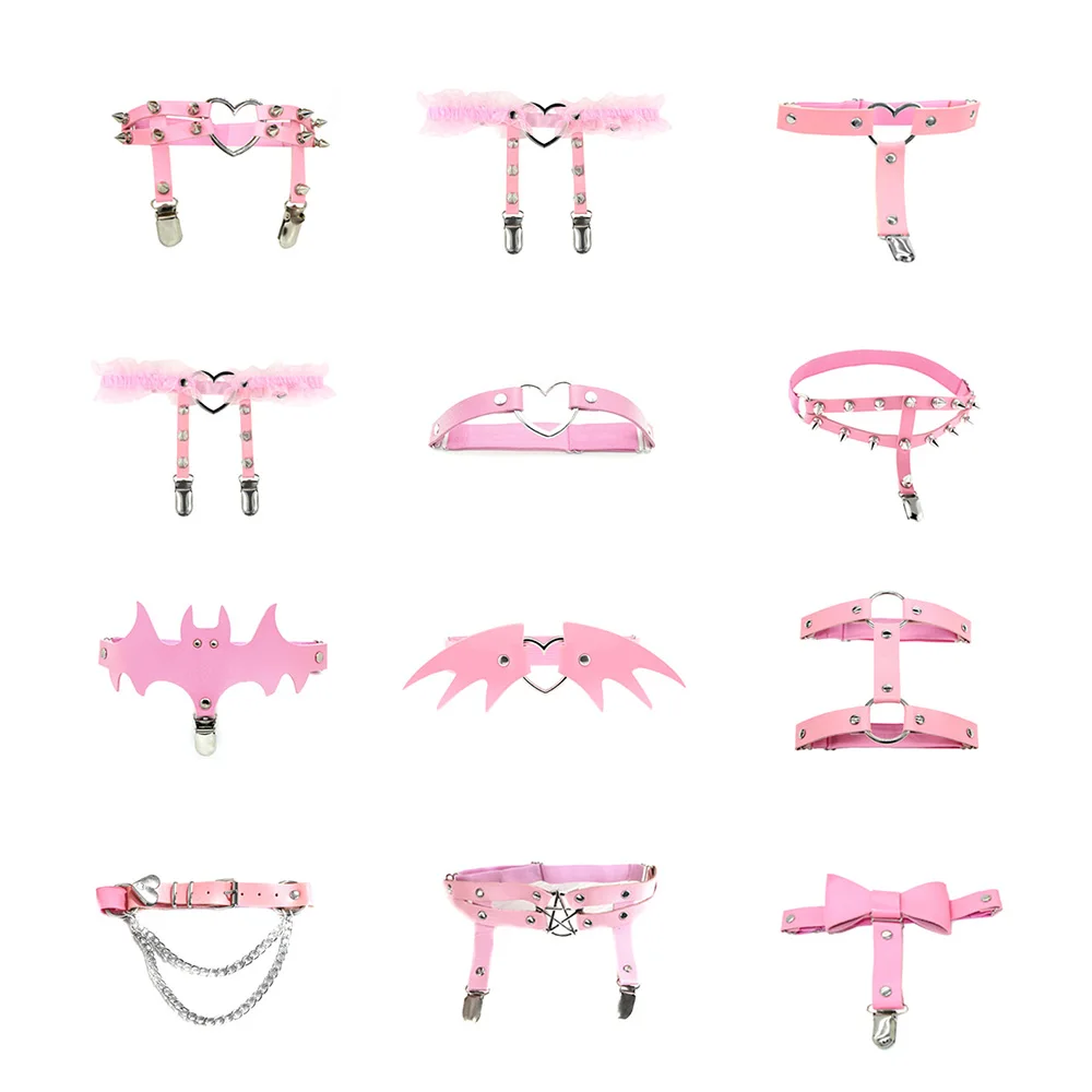 Women Rock Sexy Elastic Leather Belt Heart Leg Punk Thigh Garter Cosplay Spike Rivet Pink Gothic Thigh Ring Heart Garter