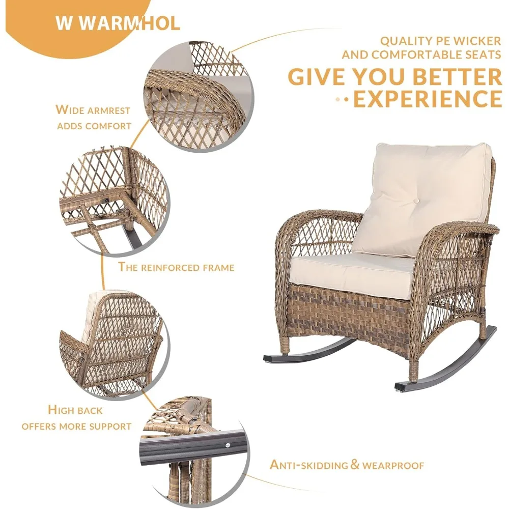 Weather-Resistant Rattan Outdoor Rocking Chairs with Plush Cushions for Backyard Relaxation