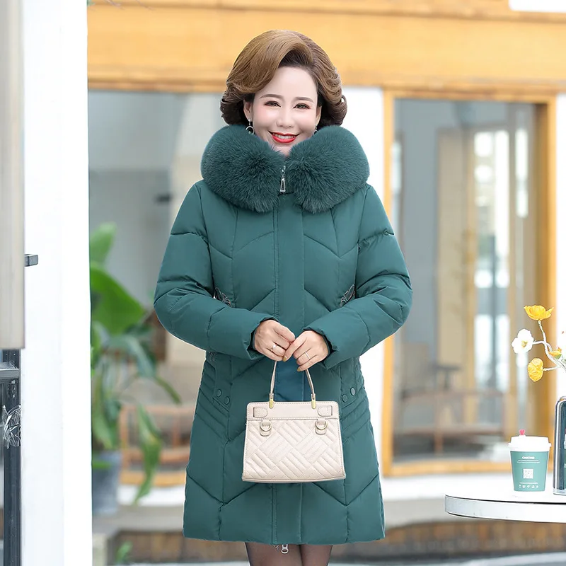 Hooded Fur Collar Down Cotton Jacket Women Winter Clothing New Middle-Aged Mother Mid-Long Thicken Coat Warm Female Parkas 6XL