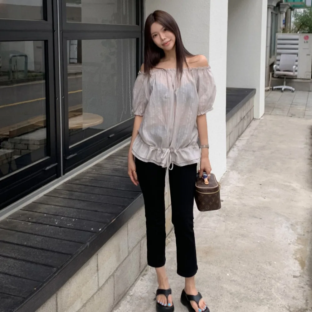 Slimming Effect Short Sleeve Drawstring Shoulder Bared Elastic Collar Versatile Shirt Skin Friendly Breathable Summer New Arr...