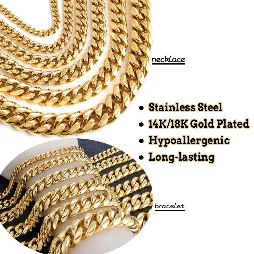 Hip Hop Iced Clasp Stainless Steel Collar Cubano Necklace Miami Gold Cuban Link Chain