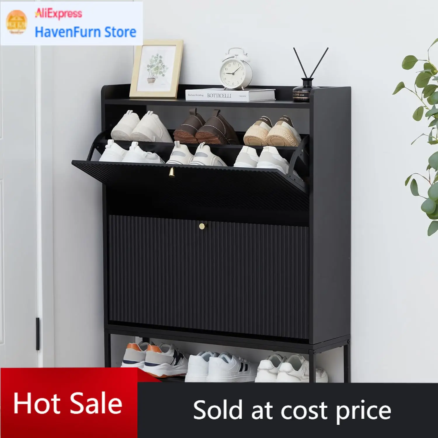 

Fluted Shoe Cabinet for Entryway with 2 Flip Drawers, Narrow Wood Shoe Cabinet with Fluted Panel, Slim Hidden Shoe Organizer Clo