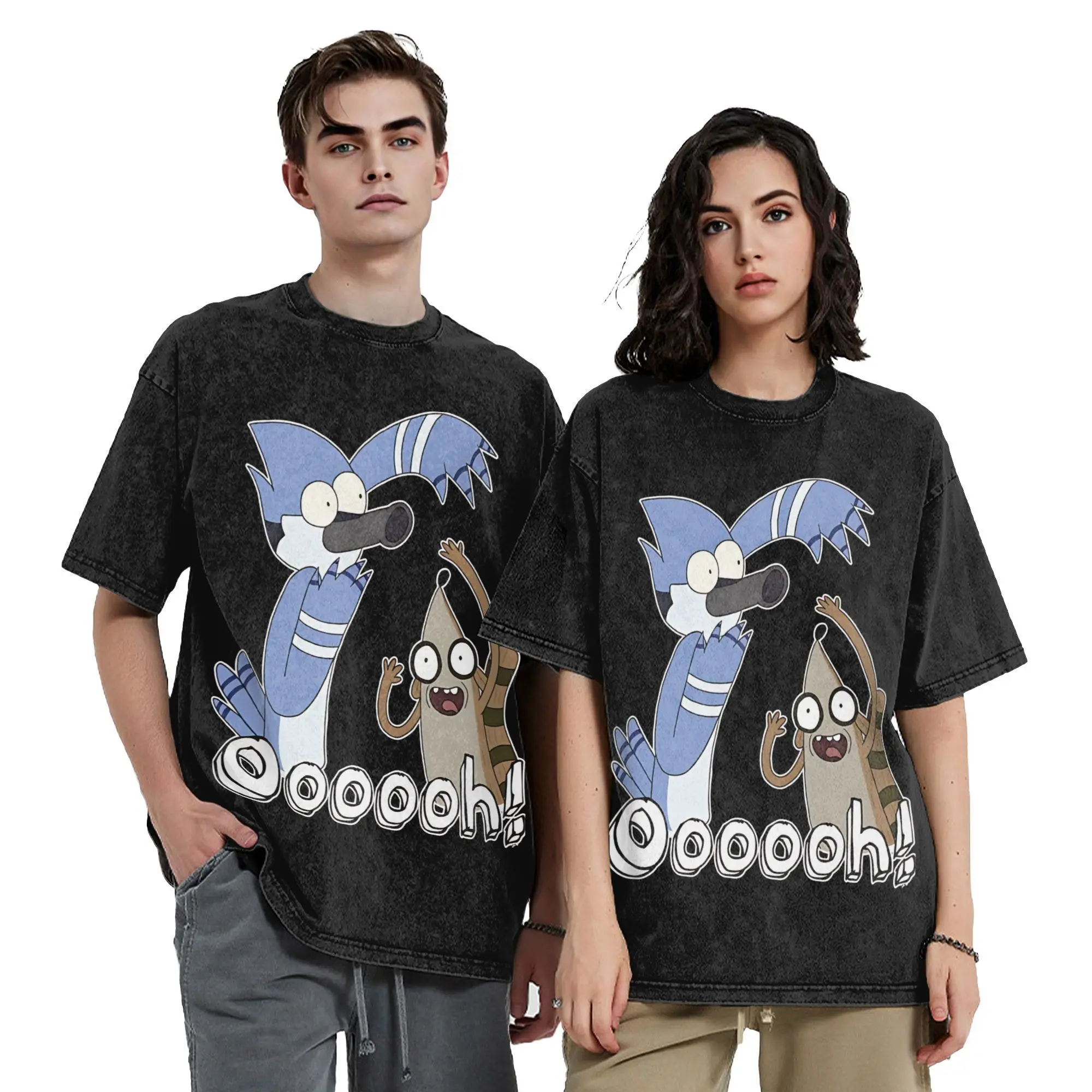 تي شيرت Mordecai and Rigby العادي Ooooh مغسول تي شيرت ريترو Harajuku للرجال والنساء الهيب هوب تي شيرت بأكمام قصيرة