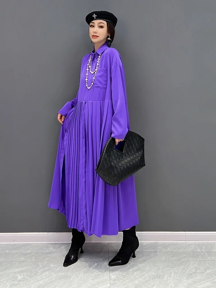 Women Long Sleeves POLO Collar Dress Loose Mid-length Pocket Splicing High Waist Pleated Dress 2024 Spring Autumn LHX2413