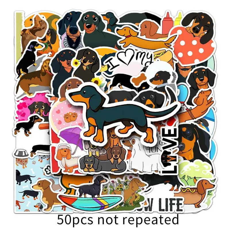 Pegatinas impermeables de perro salchicha para monopatín, paquete de pegatinas de dibujos animados de animales bonitos, Hydro Fask, Maleta portátil, 50 piezas