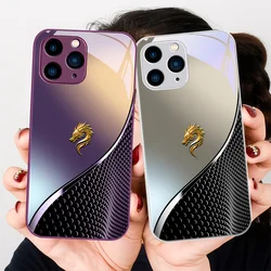 Grid Gradient Dragon Rose Purple For Iphone 15 14 13 12 11 Pro Max X XS XR 7 8 Plus 2020 2022 SE Tempered Glass Phone Case