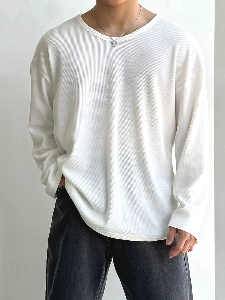 Camiseta Masculina de Manga Longa Solta com Gola U e Textura Dobrada, Camisa Base Confortável e Respirável, Estilo Americano ...
