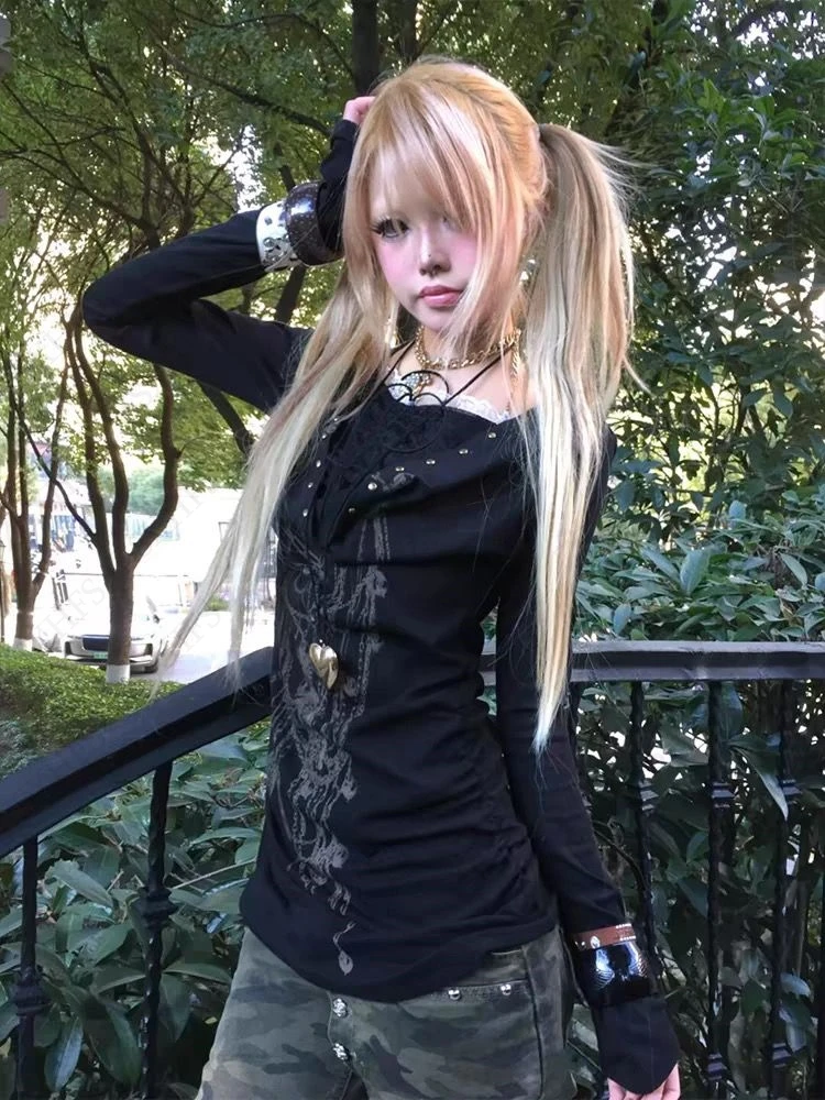 Subcultura punk sexy manga longa camiseta feminina gótico hip hop high street legal menina magro japonês grunge y2k colheita topos camis 90s