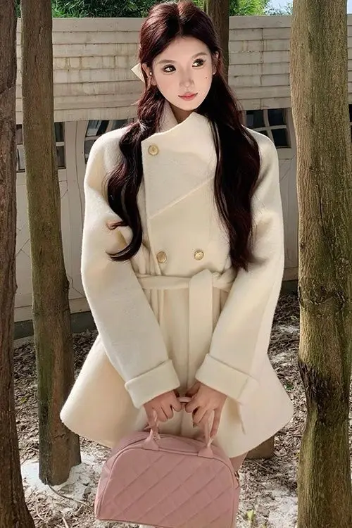 Abrigos de mezcla de lana Abrigo de lana para mujer naranja otoño mezclado tartán cuello alto estilo parisino salidas modernas Urban Cleanfit Chic