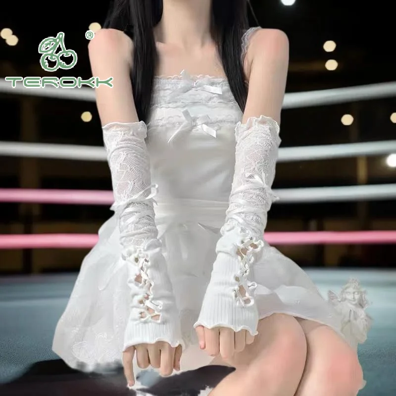 Leuke JK Lolita Gothic Vingerloze Mesh Bloem Kant Elastische Strapping Handschoenen Voor Vrouwen Meisjes Zonnebrandcrème Mouw Kleding Accessoires