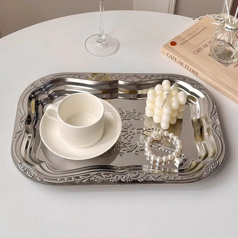 Vintage Stainless Steel Decorative Tray Floral Embossed Serving Trays For Rectangular Jewelry Storage Plate Home Decoration Tool