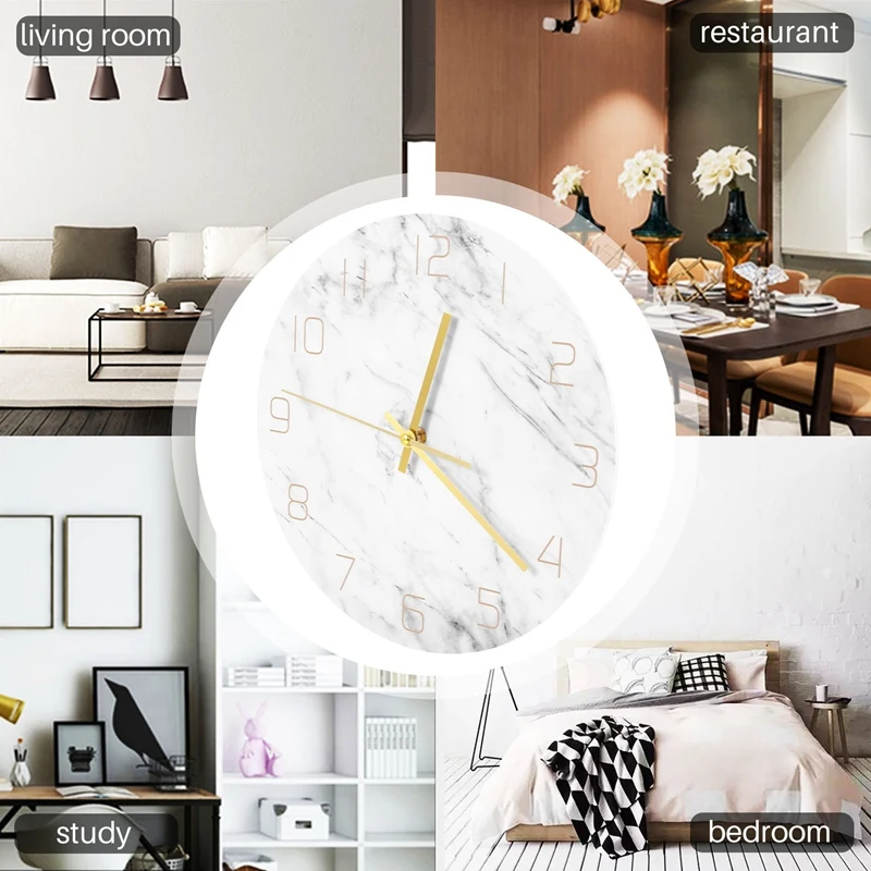 Quartz Analog Quiet Marble Wall Clock 3D Chic White Marble Print Modern Round Wall Watch Nordic Creativity Home Decor