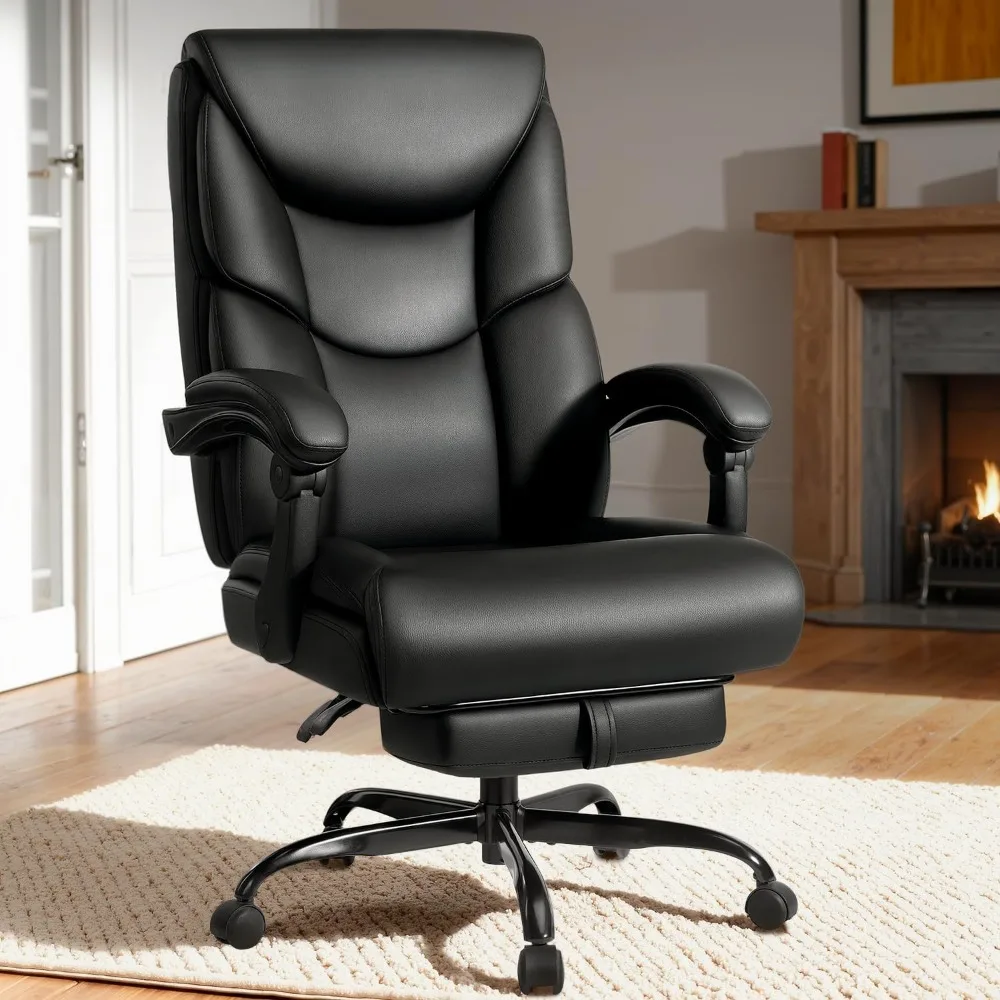 

Office Chair with Foot Rest, Reclining Big and Tall Office Chair with Lumbar Support Spring Cushion, High Back PU Leather Chair