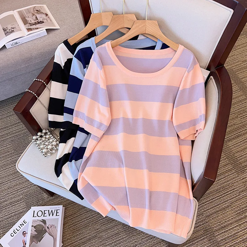 170Kg Plus Size Women's Bust 160 Summer Loose Ice Silk Knitted Stripe Top Short Sleeve Round Neck T-Shirt 6XL 7XL 8XL 9XL 10XL