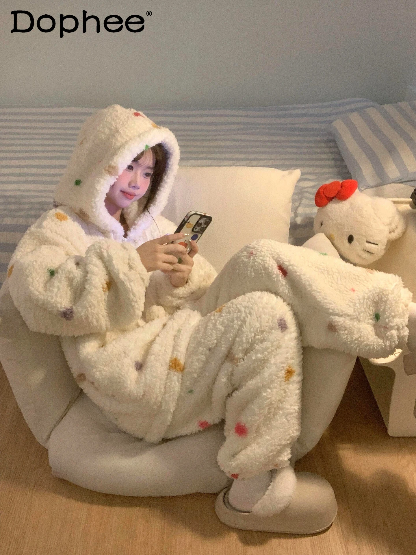 sweet-girl-–-pyjama-en-molleton-de-corail-a-capuche-en-peluche-a-pois-colores-pour-femme-ensemble-de-vetements-de-maison-epais-et-chauds-pour-l'automne-et-l'hiver
