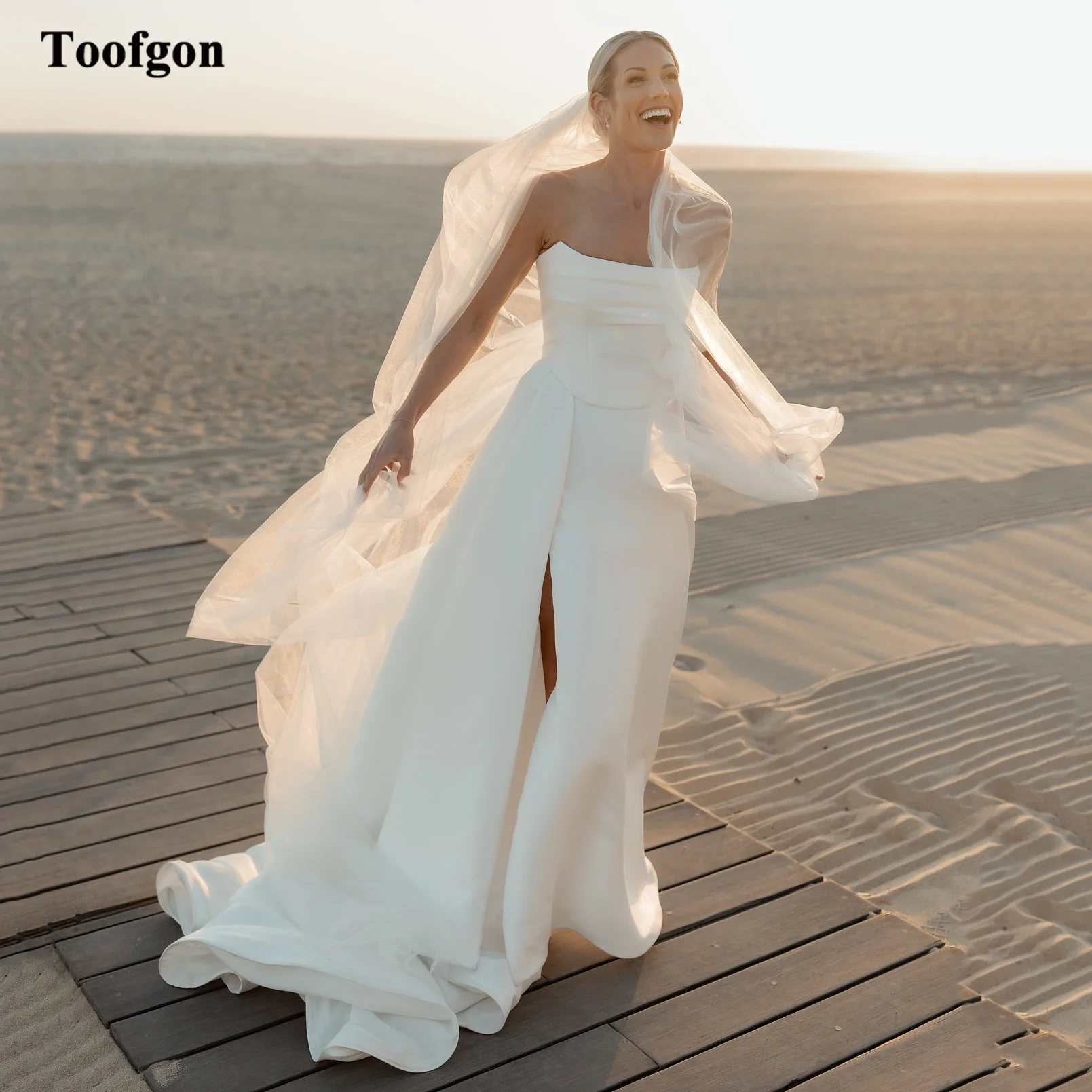 

Toofgon A Line Satin Bride Wedding Dresses Long Train Formal Wedding Gowns Buttons Leg Split Bridal Photography Dress Customized