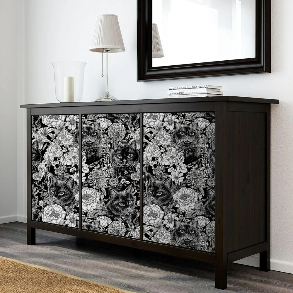 ورق جدران ذاتي اللصق على شكل زهور قطة باللونين الأسود والأبيض من مودي القوطي لداخل الأكاديمية الداكنة