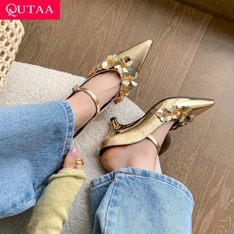 

QUTAA 2026 Fashion Women Pumps Shoes Spring High Heels Sexy Genuine Leather Slingbacks Pointed Toe Shoes Party Dress 34-40