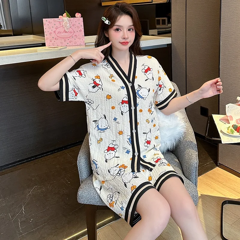 

Y2K Japanese Pochacco Women Pajamas Set Summer Hellokitty Sanrio T-Shirt Shorts Cardigan Thin Print Cute Girl Plus Size Homewear