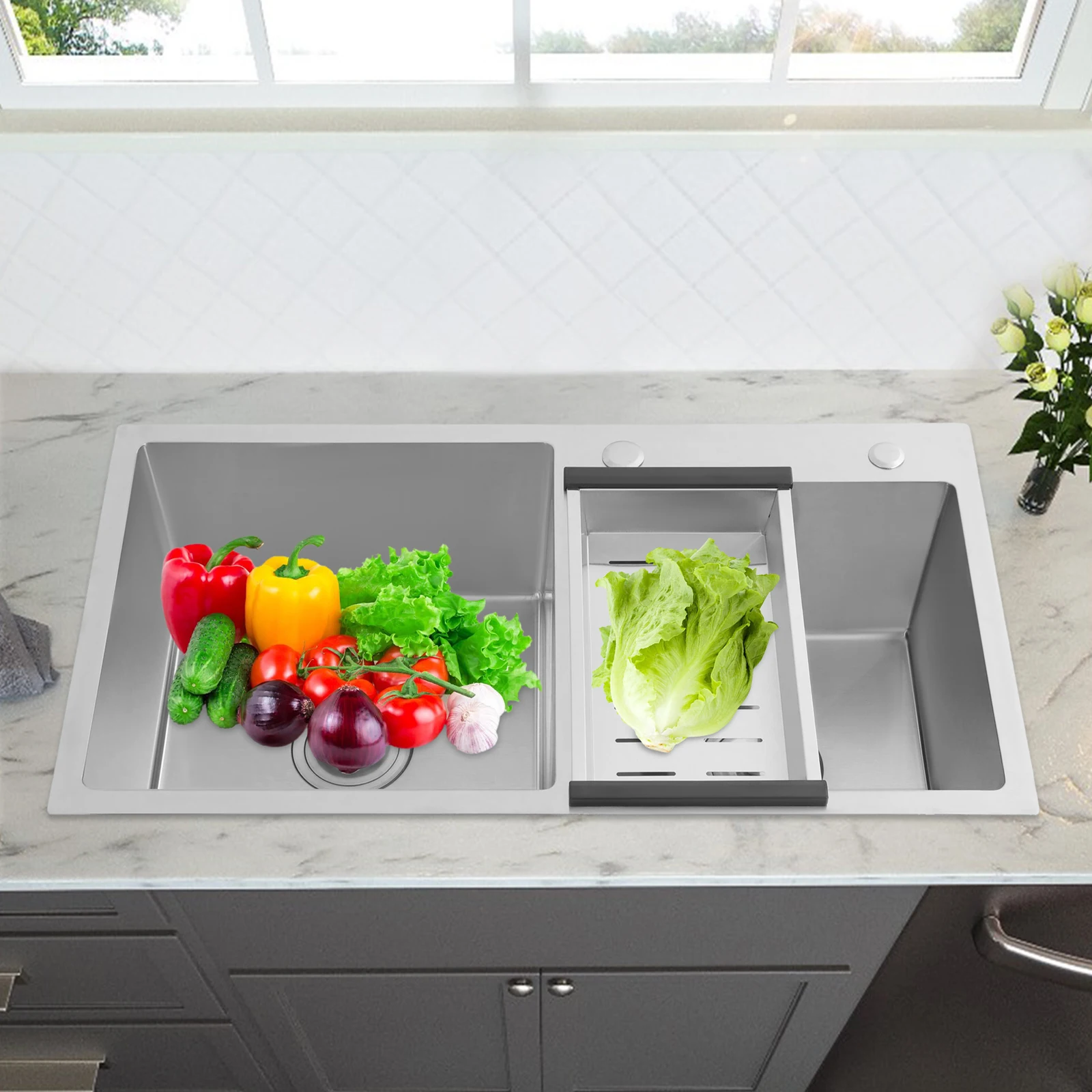 더블 보울 스테인레스 스틸 싱크대 주방 싱크대 배수 바구니 78x43cm 와이어 드로잉 마감