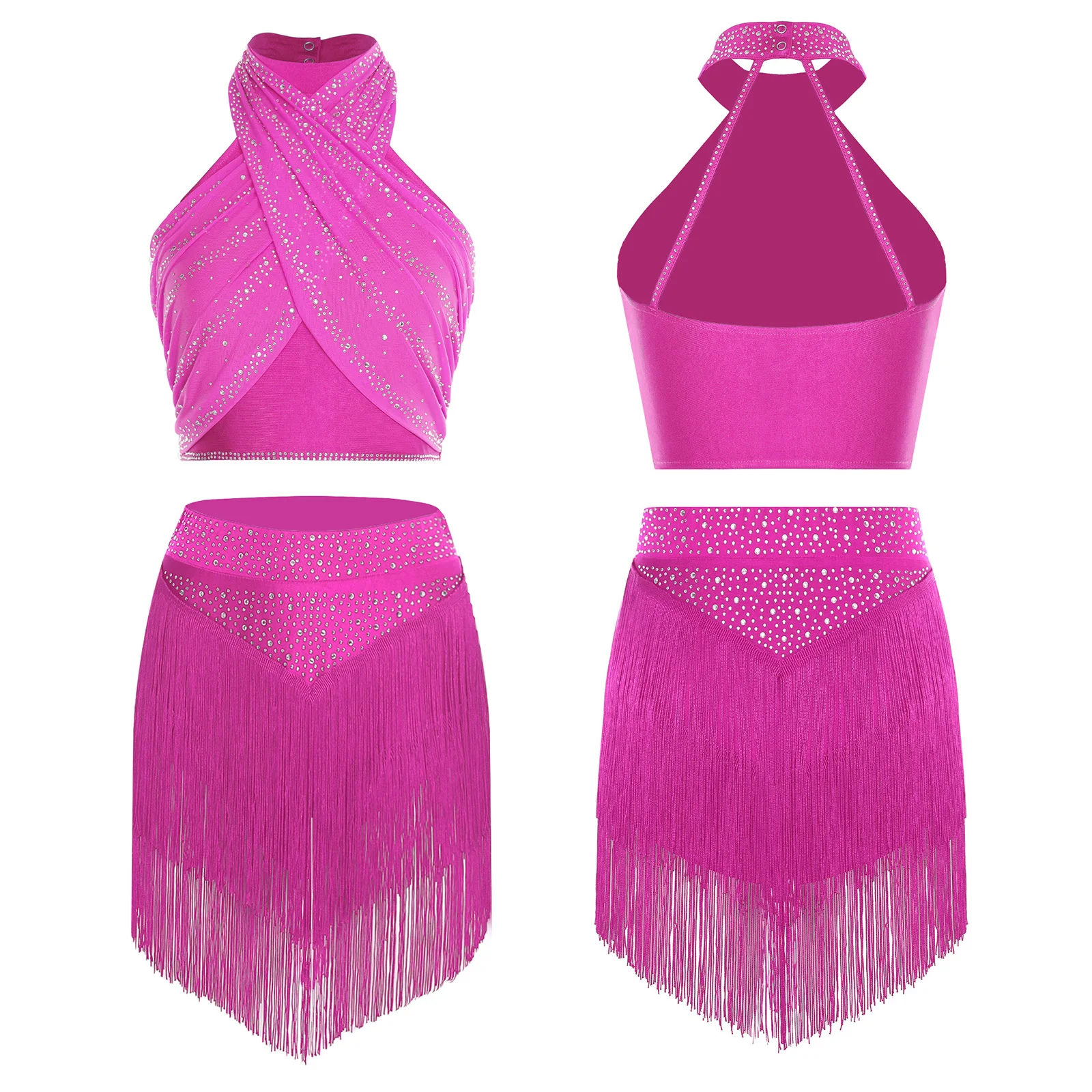 Women Salsa Cha-Cha Latin Dance Costume Outfits Sleeveless Rhinestones Cross Ruched Mesh Overlay Crop Tops And Tassels Skirted