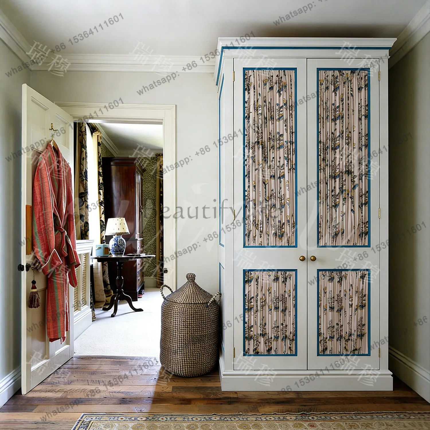

French color matching floral solid wood wardrobe American country printing glass door locker