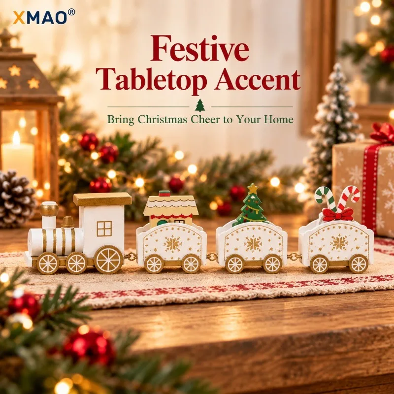 Mini Wooden Christmas Train Decoration 4-Car Tabletop Ornament Holiday Decor for Home Window Shelf Mantel Party Gift Display