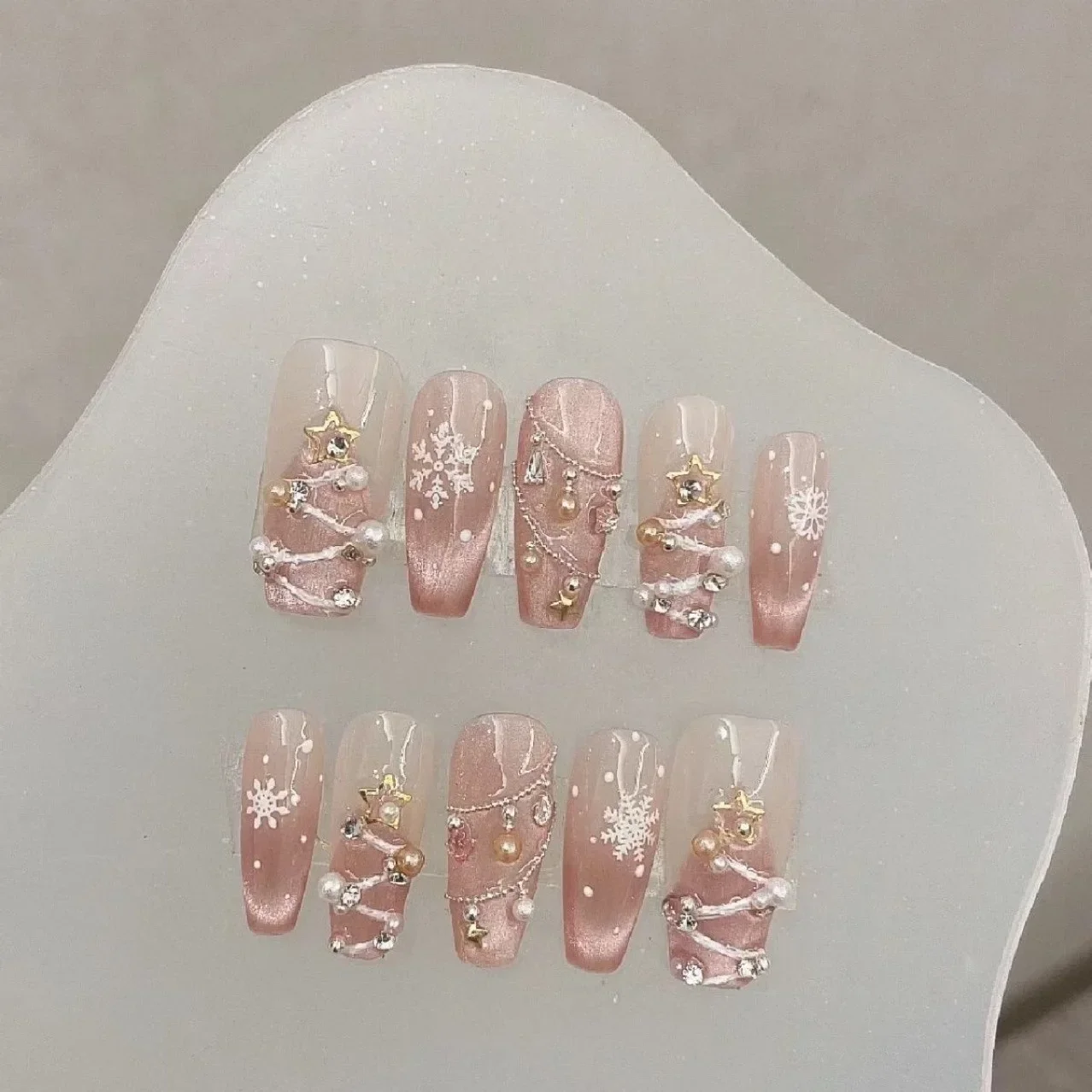 

10pcs Handcrafted Press-On Nails Set-Pink Glitter with Snowflake&Rhinestone Accents Medium Ballet Shape Glossy Finish Fake Nails