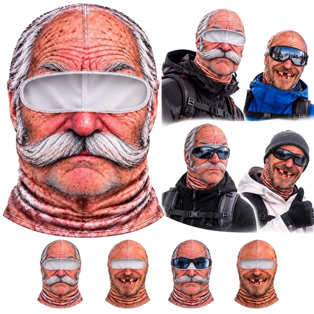 New 3D Face Printed Old Man Balaclava White Mustache Full Coverage Face Mask Stretch Elastic Ski Mask Hood For Men
