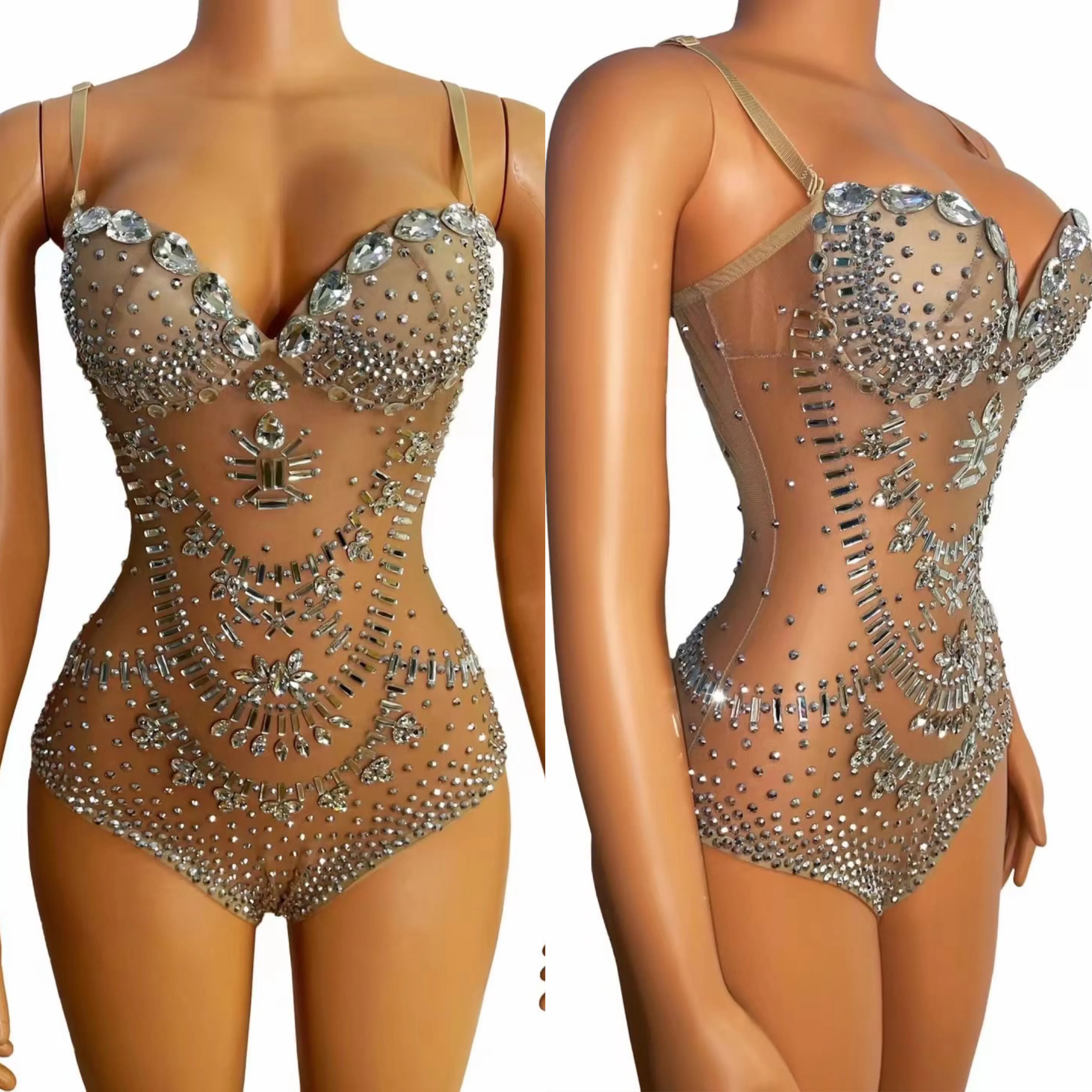 Nu cinta de espaguete brilhando strass cristal sexy bodysuits para mulheres boate dj roupas cantor baile de formatura trajes de palco