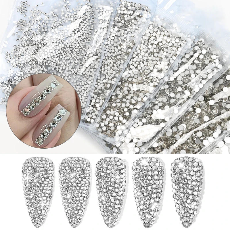 1440pcs/bag Mixed Size Flat Bottom Nail Rhinestone Half Round Charm Sparkle Ice Transparent DIY Decorations Nail Jewelry