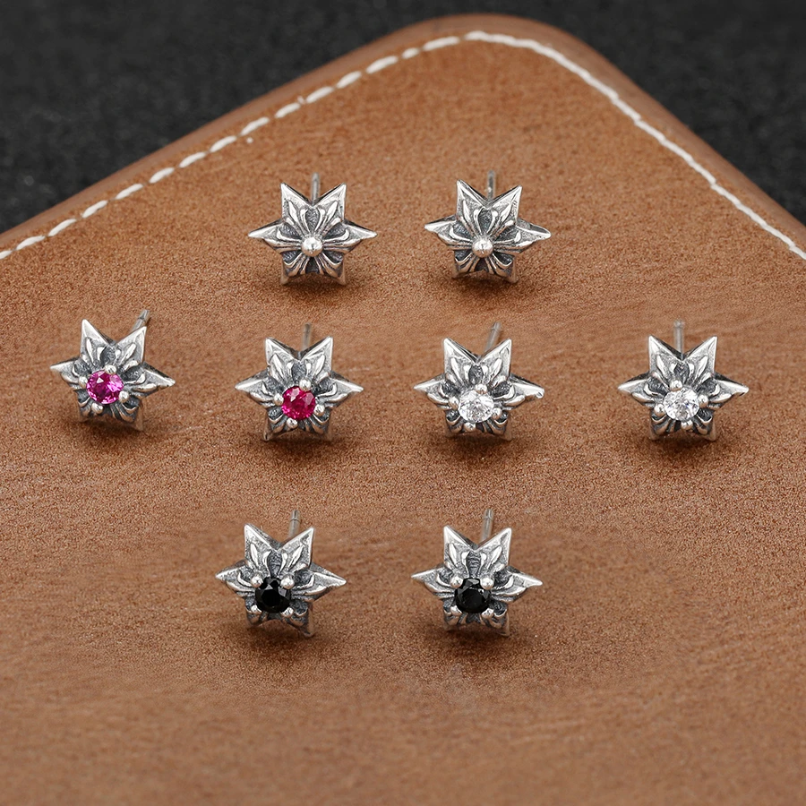 Thai silver retro six-pointed star earrings s925 sterling silver earrings men's and women's hip hopstylish single stone earrings