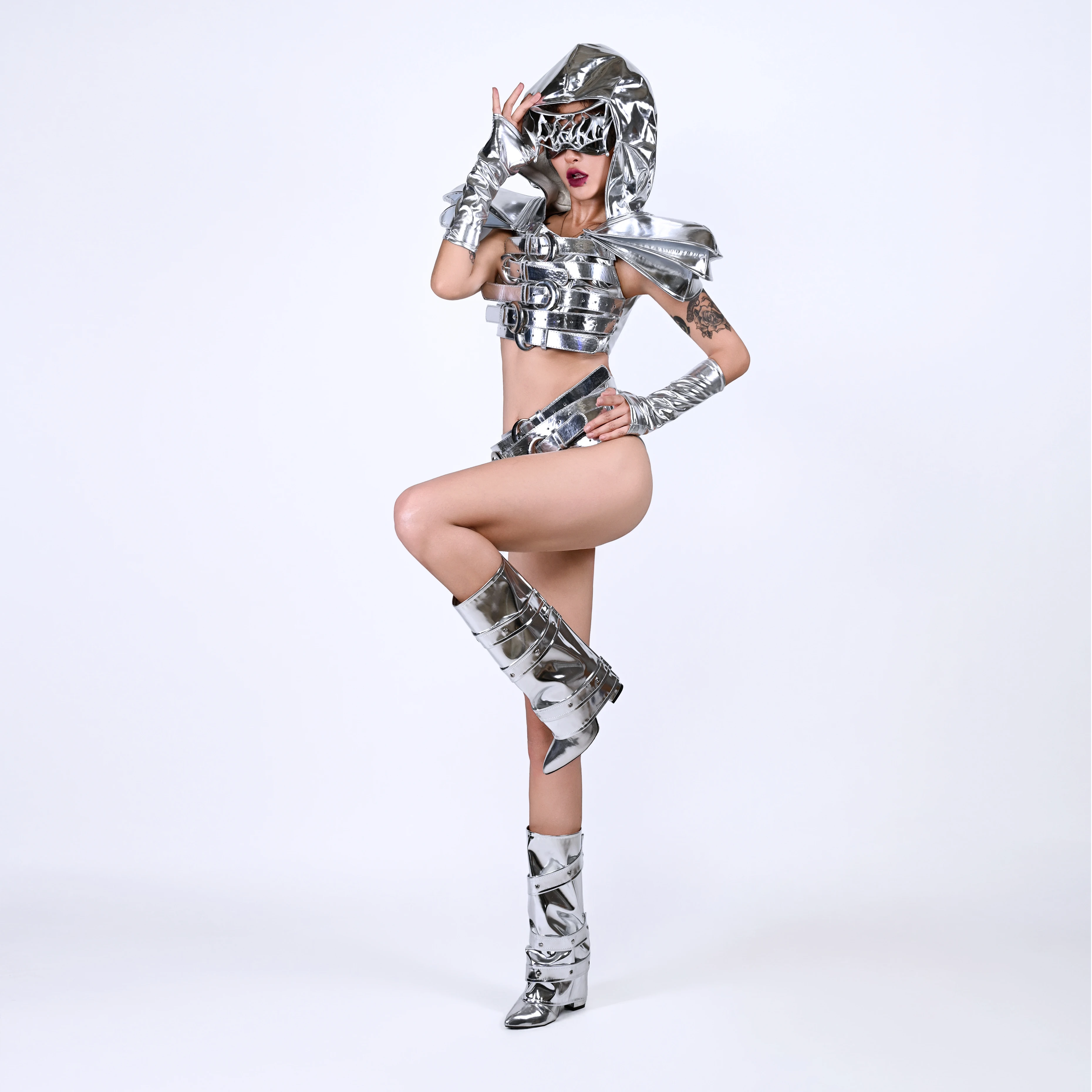Gogo Dance Girl Group Performance Clothing مثير فضي معدني موسيقى رقمية حفلة Ds ملهى ليلي Dj مرحلة الأداء الملابس #3