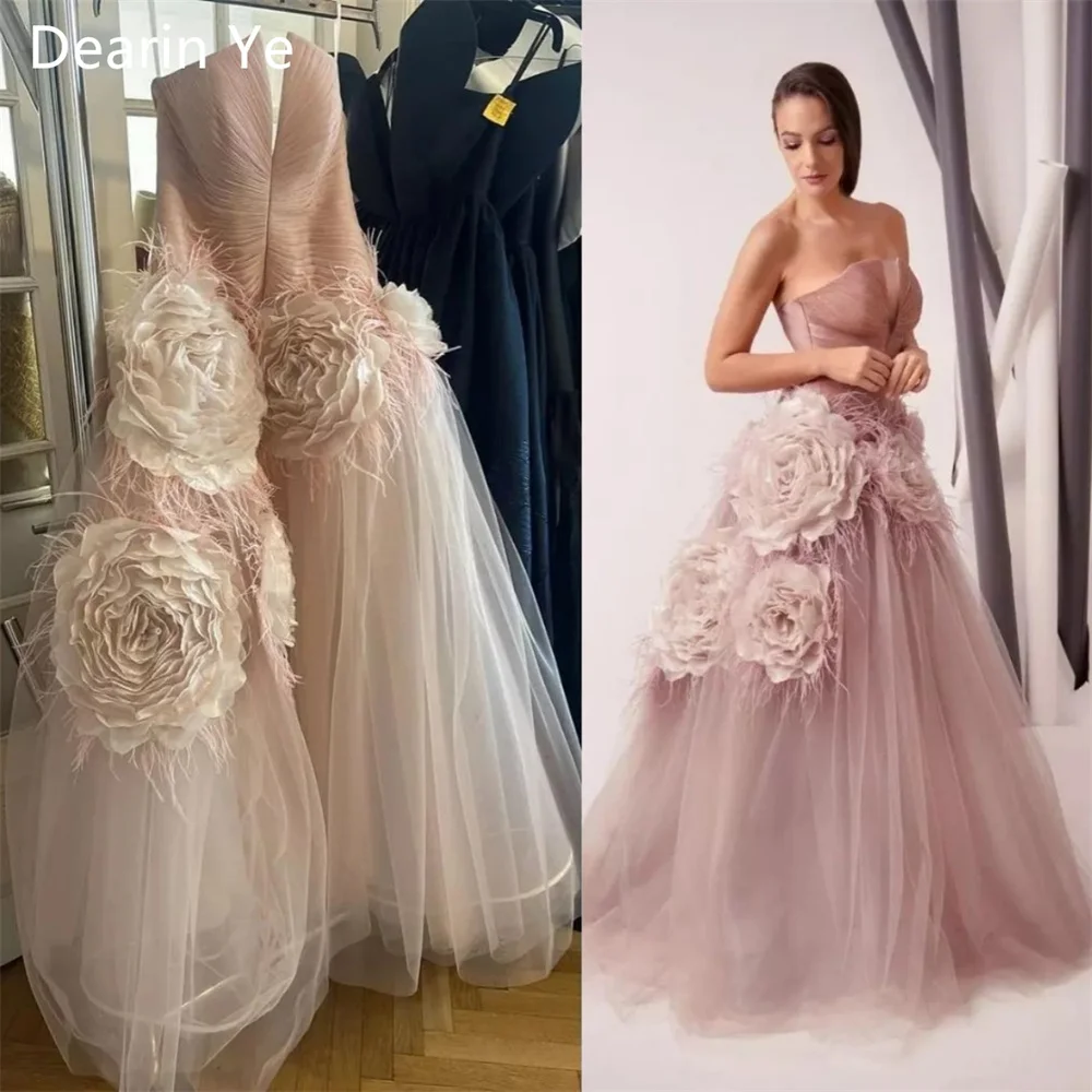 

Prom Gown Saudi Arabia Formal Dearin Strapless Ball Floor Length Skirts Draped Tulle Sleeveless Applique 3D Flower Bespoke Occas