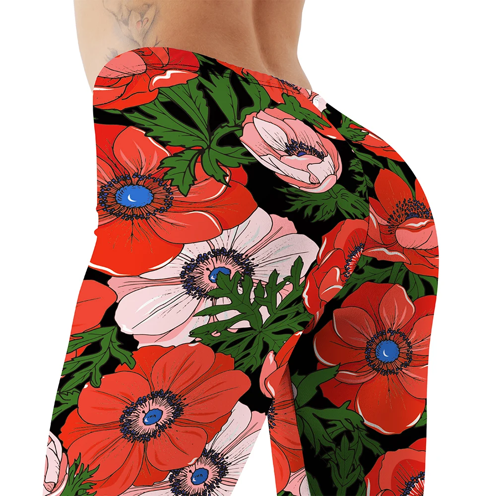 FCCEXIO Neue 3D Rote Tropische Blumen Druck Mädchen Leggings Hohe Taille Elastische Hosen Fitness Frauen Sport Leggings Weihnachten Geschenk