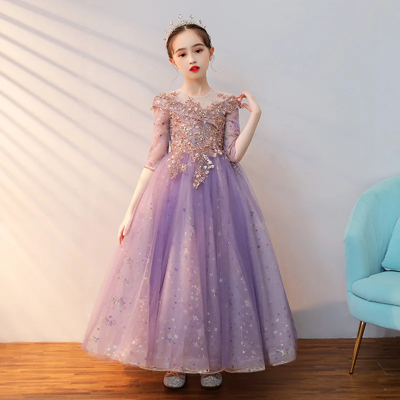 Child Girls Evening Long Dress for Wedding Party Formal Ball Gown Elegant Bridesmaid Guest Purple Dresses Kid Princess Frock New