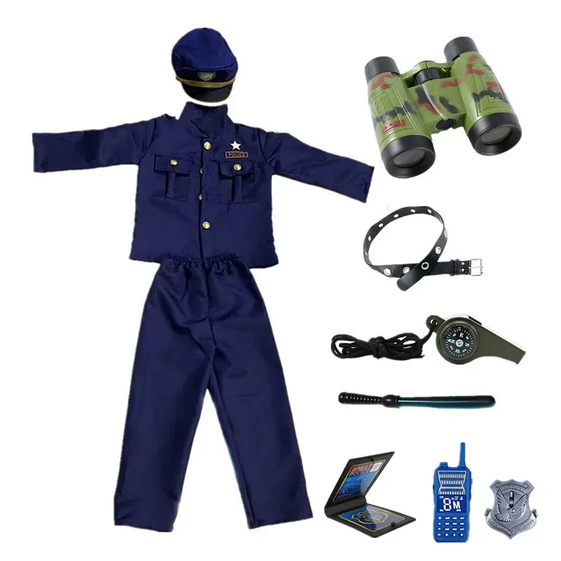 Ragazzi polizia con cappuccio Costume Cosplay bambino uniforme della polizia Playset con fischietto Walkie Talkie Baton binocolo accessori regalo