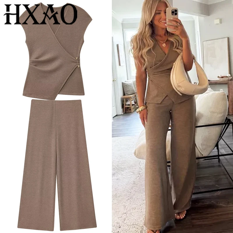 HXAO المرأة قطعتين مجموعة واسعة الساق بنطلون مجموعات Ruched أكمام بلوزات السراويل الفضفاضة مجموعة أنيقة امرأة الصيف محبوك البدلة