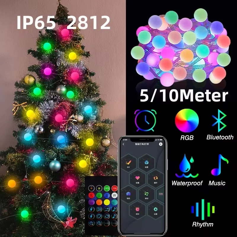 LED Round Ball String RGBIC  5V USB Bluetooth APP Music Controller Dream Color Light Waterproof Outdoor Decoration 5M/10M