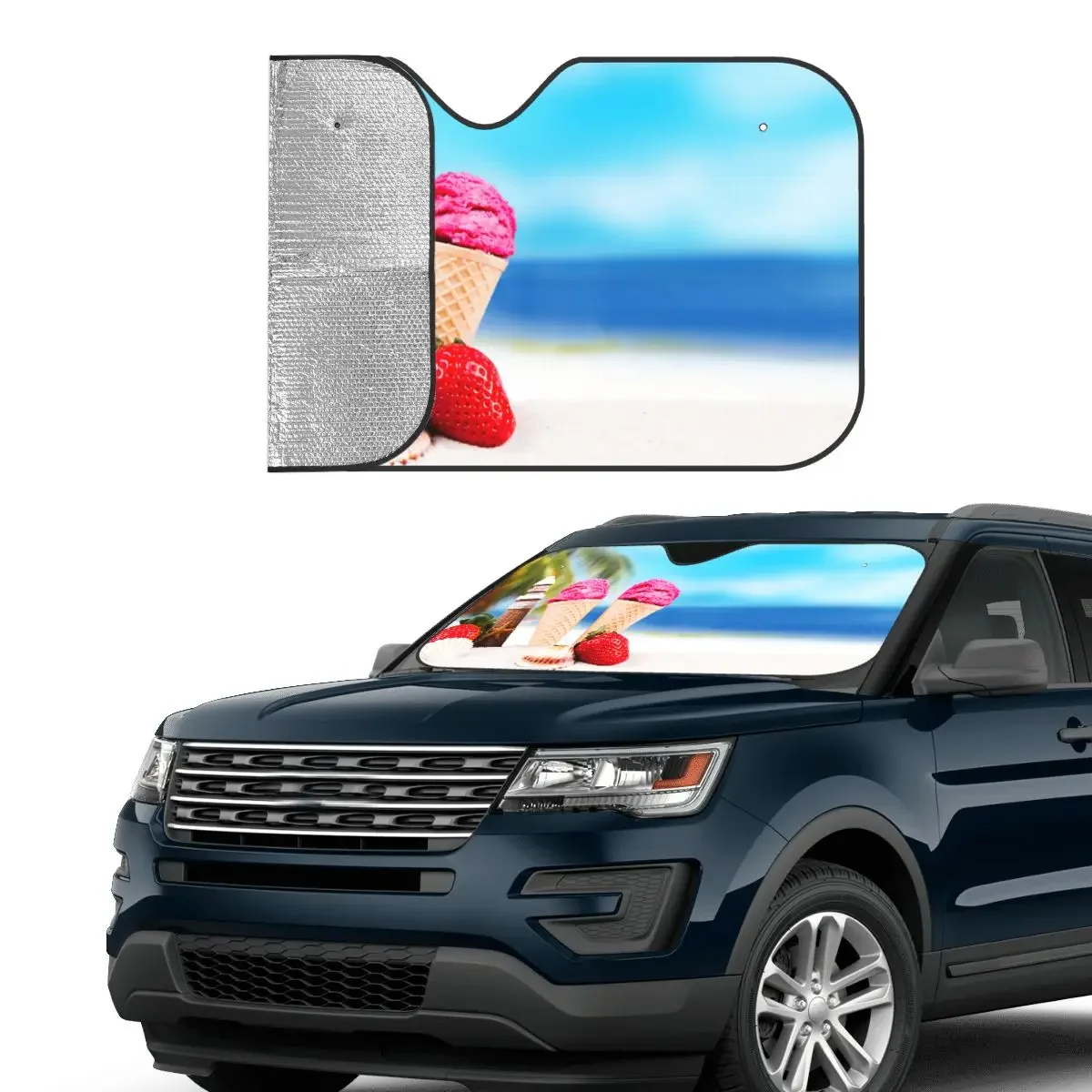 Strawberry Ice Creams Windshield Sunshade Sea Beach Scenery Funny Car Front Windshield 76x140cm Sun Visor Accessories Covers