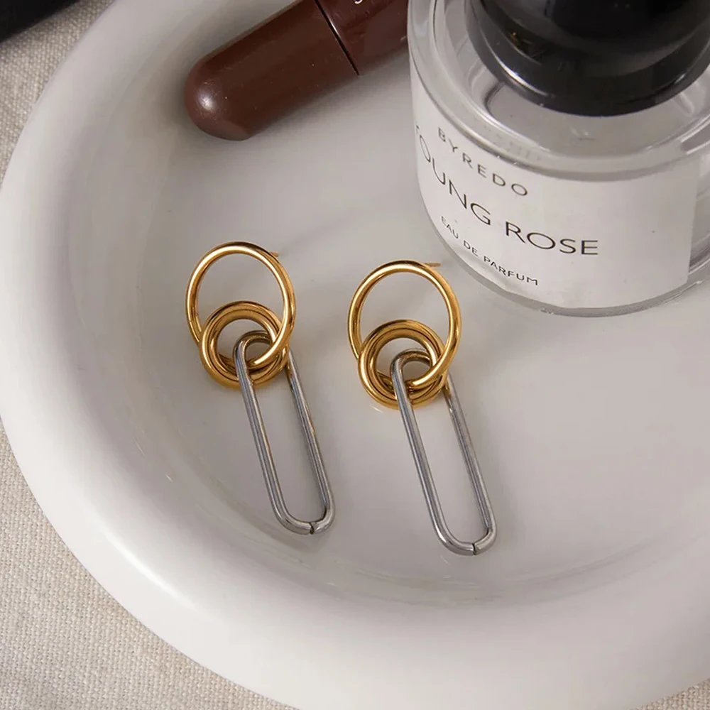 Pendientes de Aro Geométricos Bicolor Oro y Plata con Múltiples Círculos, Resistentes al Agua con PVD, Chapados en Oro de 18K, Joyería Vintage
