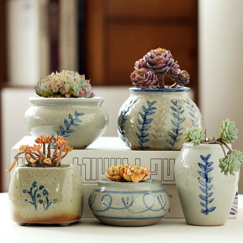 New Vintage Blue&White Ceramic Hand Painted Succulent Flower Pot Old Pile Stoneware Basin Home Balcony Garden Decoration