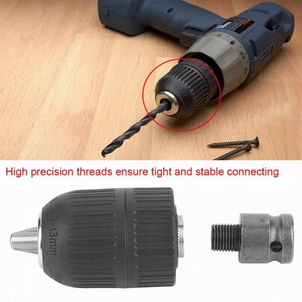 1pc Drill Chuck With 1/2in Drill Chuck Adapter 1/2in-20UNF Thread Wrench Conversion Quick Grip Keyless Chuck 2-13mm Clamp Range