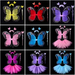 Adult Kids 3/4Pcs Fairy Costume Set Simulation Butterfly Wings Skirt Headband Wand Princess Girls Party Dress Up Halloween Gift