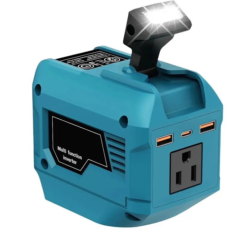 B08B-Power Inverter 250W For 18V Battery, Portable Device 1 AC Outlet, 2 USB Ports, 1 Type-C Fast Charge(US) US Plug