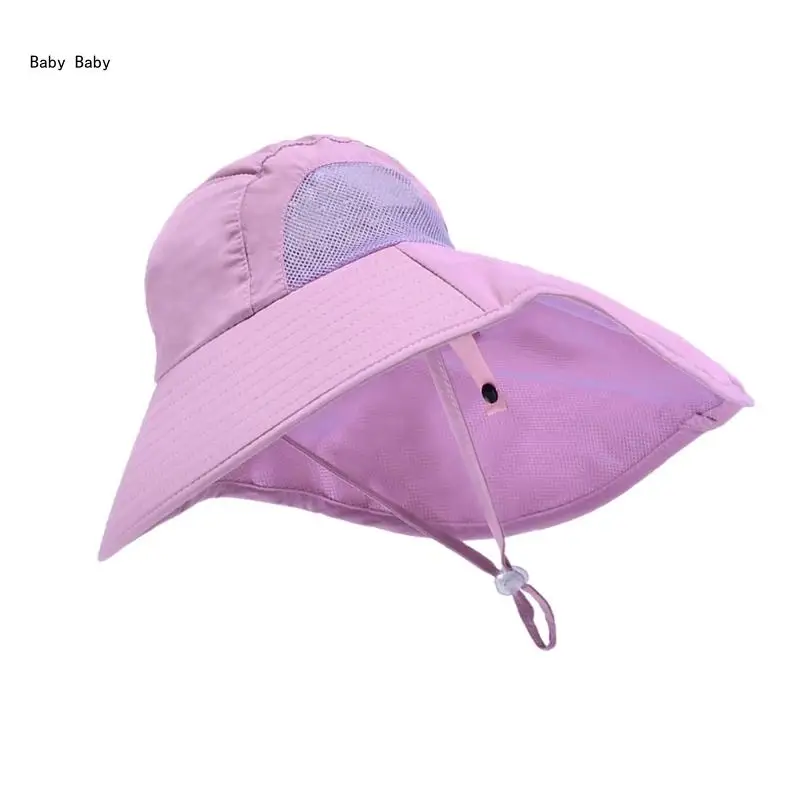 Baby Summer Hat Sun Hat Traveling Hat Soft Baby Caps Sun Hat Large Brim Hat with Neck Flap & Drawstrings Q81A