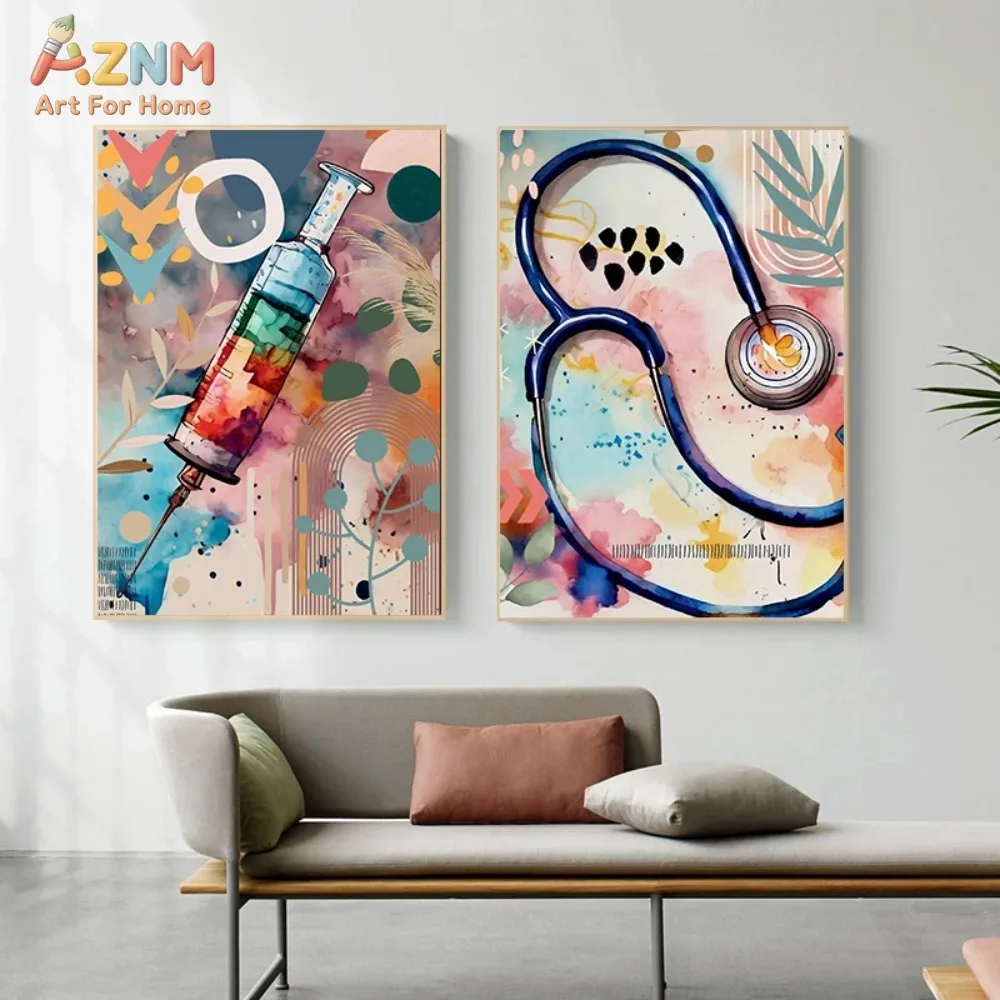 AZNM Unframed Watercolor Syringe Stethoscope Canvas Wall Art, Boho Abstract Medical Themed Print, Colorful Nurse Doctor Office D