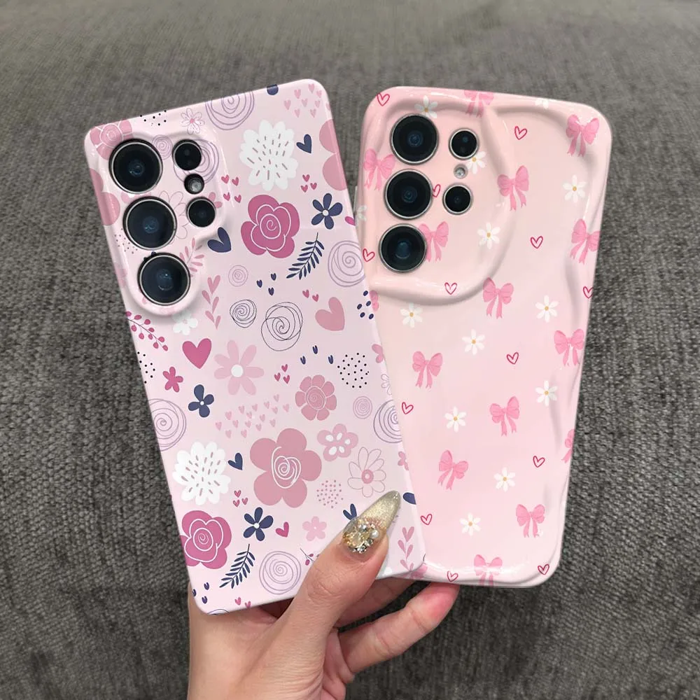 Cartoon Pink Bow Heart For Samsung Galaxy S26 S25 S24 S23 S22 FE Plus Ultra Feilin Phone Case Wave Oil Phone Case Cover