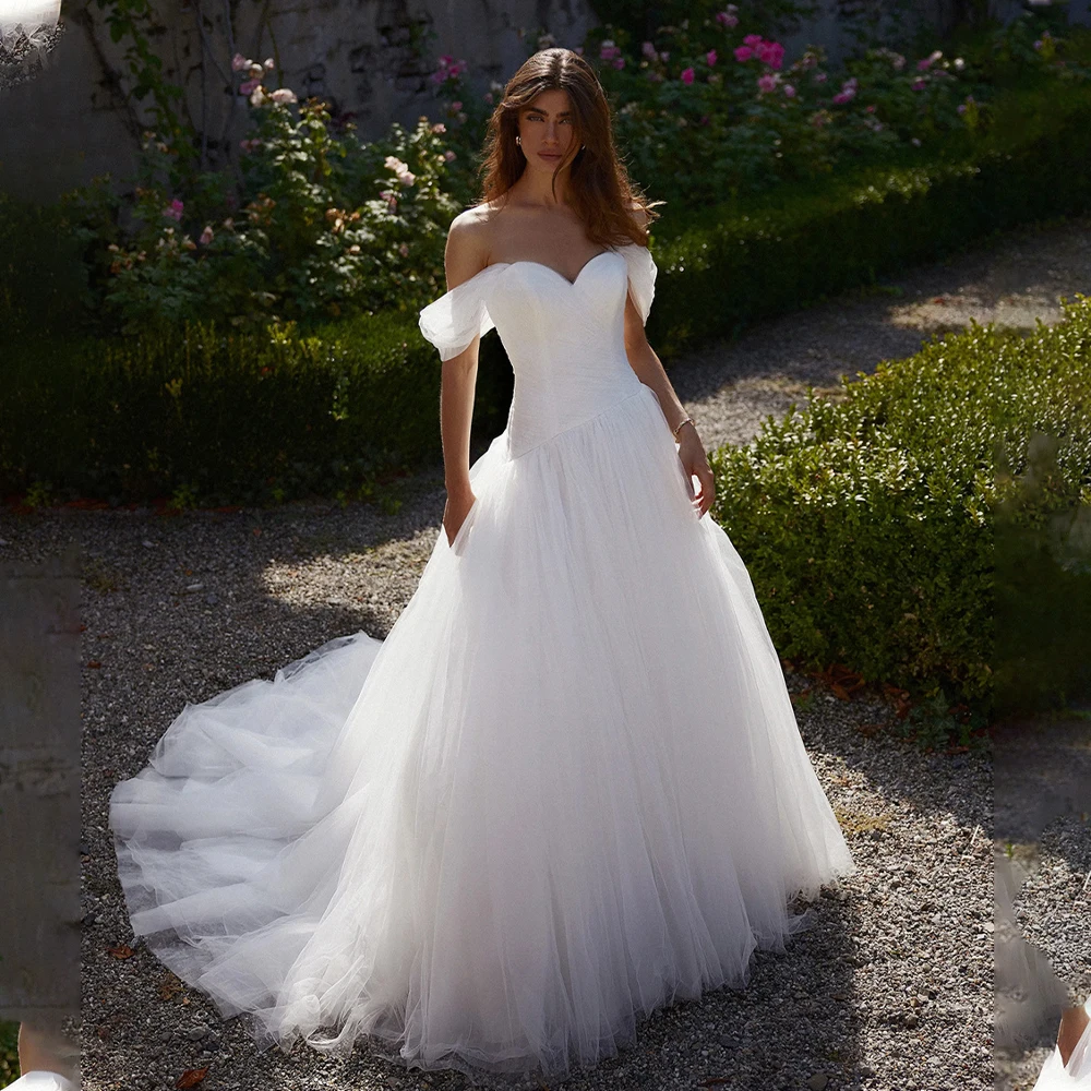 

Popular Off The Shoulder Pleat Sweethart Bridal Grown A Line Wedding Dresses Sweep Train Custom Made 2025 Vestido De Noival